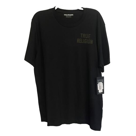 True Religion‎ Jeans T-Shirt Logo Graphic Horseshoe Flocked Buddha Mens XXL New - Picture 1 of 7